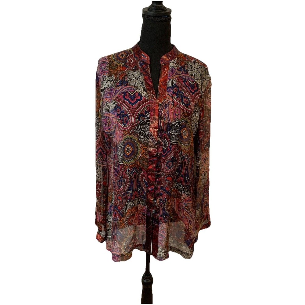 Chico's Sheer Paisley Button-Front Blouse in Purple, Pink, Red and Orange
